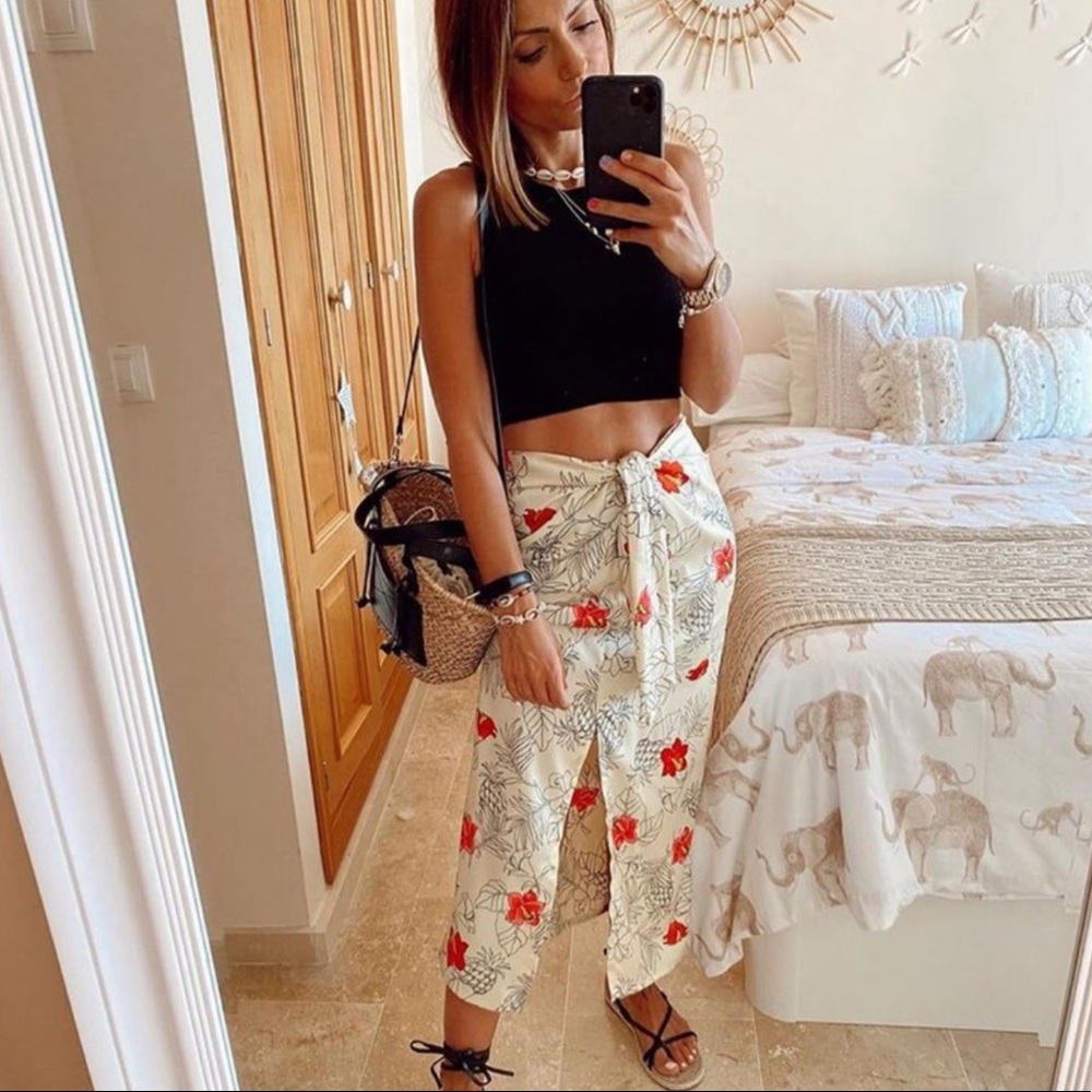 Zara Cream Floral Midi Wrap Skirt with Red Flowers